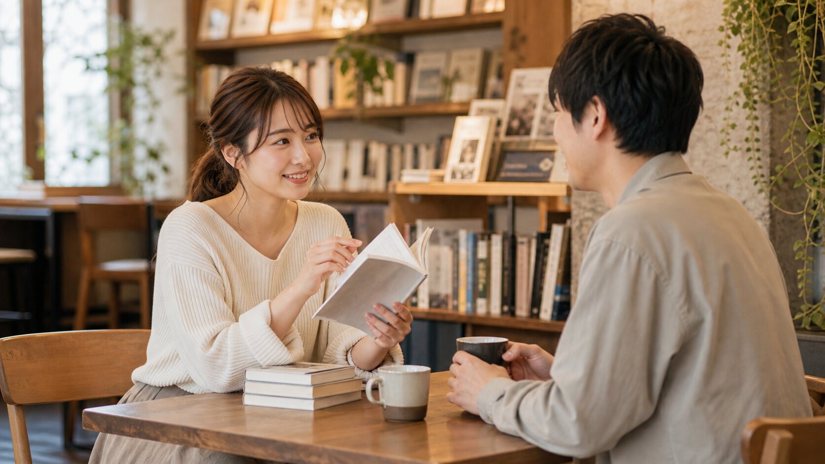 カフェでスマホを見る女性