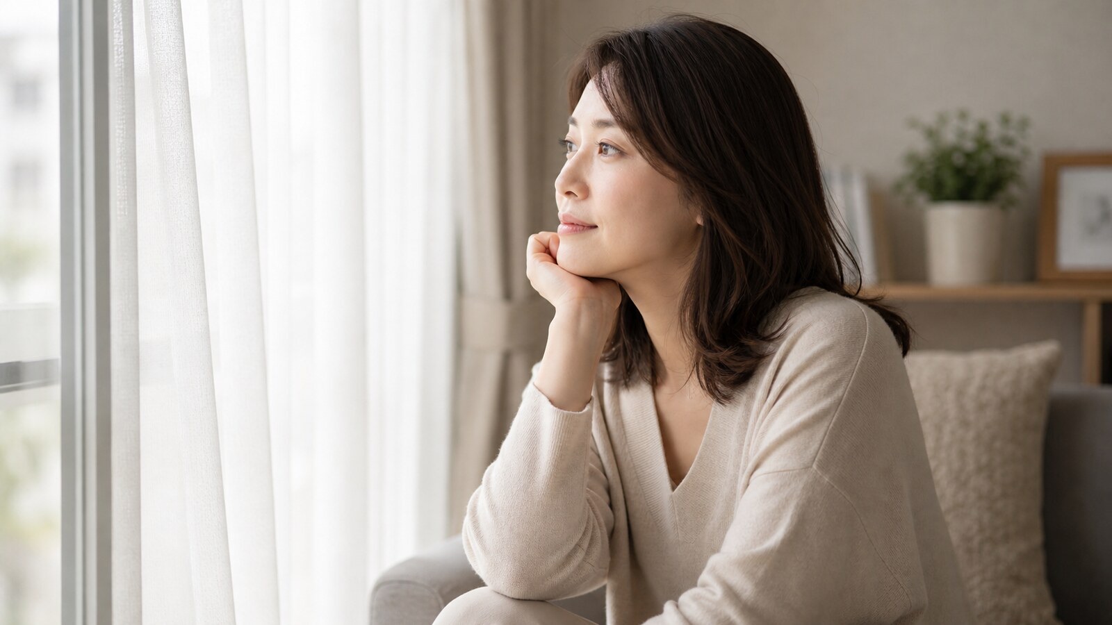 窓辺で考えごとをする女性